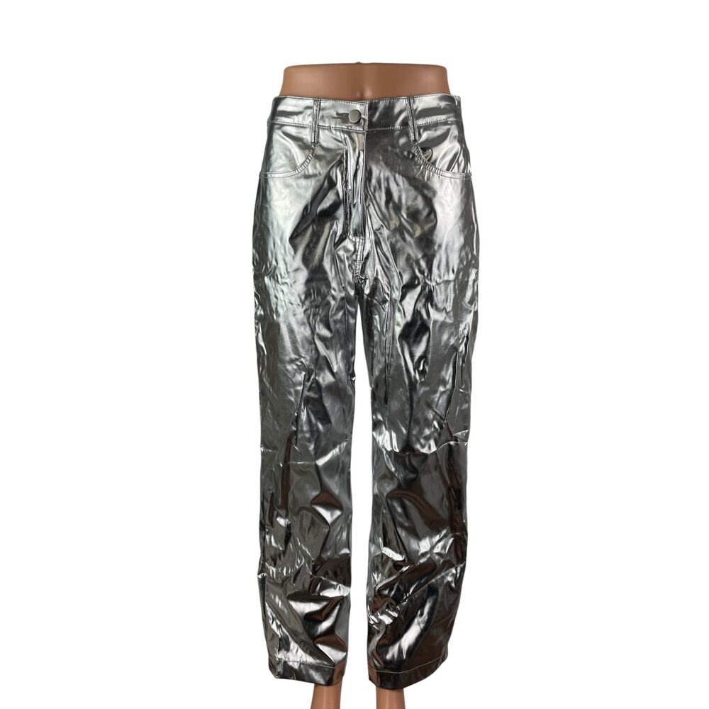 Amylynn Women's Silver Metallic High Rise Straight Leg Relaxed Trousers Pants S